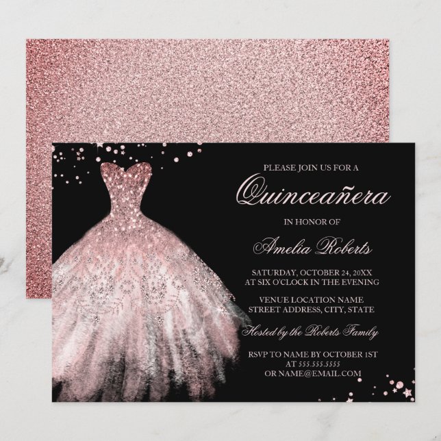Sparkle Dress Rose Gold Quinceanera Invitation (Front/Back)