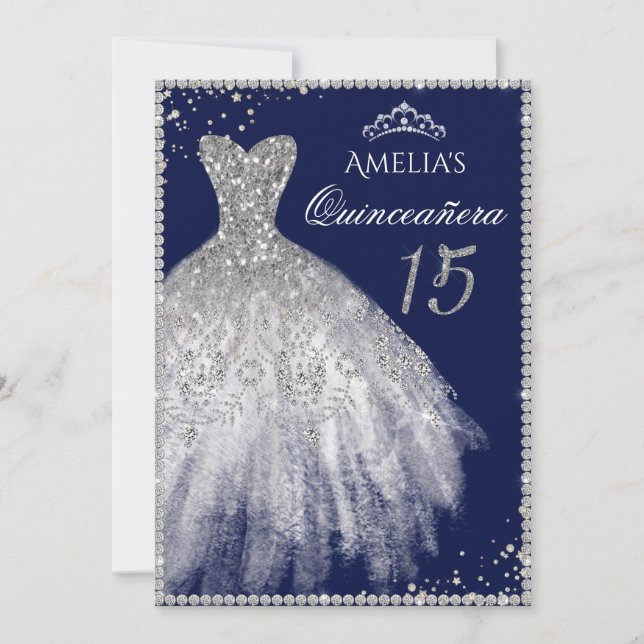 Sparkle Dress Silver Navy Quinceanera Invitation (Front)