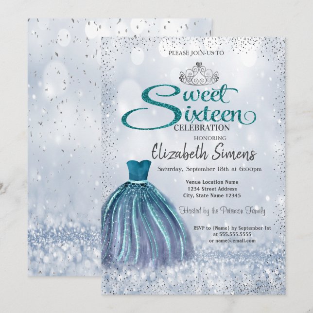 Sparkle Dress,Tiara Princess Bokeh Sweet 16 Invitation (Front/Back)