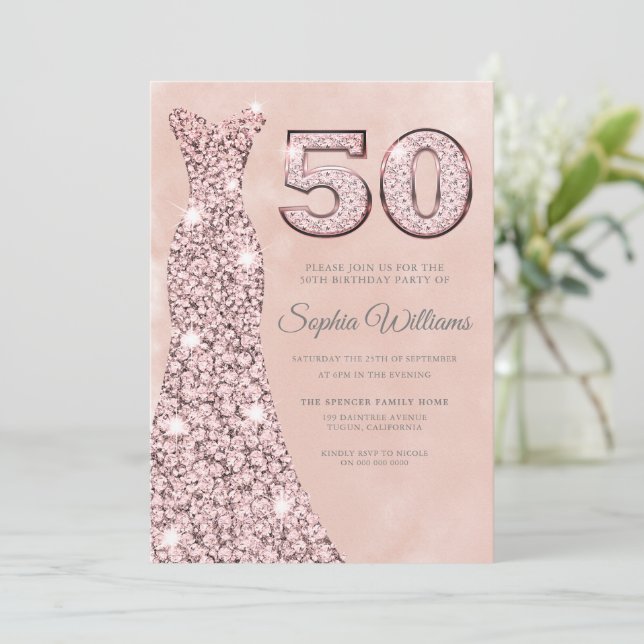 Sparkle Dress with Blush Watercolor 50th Birthday Invitation (Standing Front)