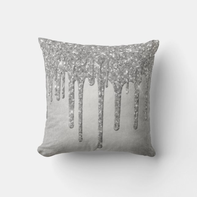 Sparkle Drip Decor | Platinum Silver Metallic Ice Throw Pillow (Front)