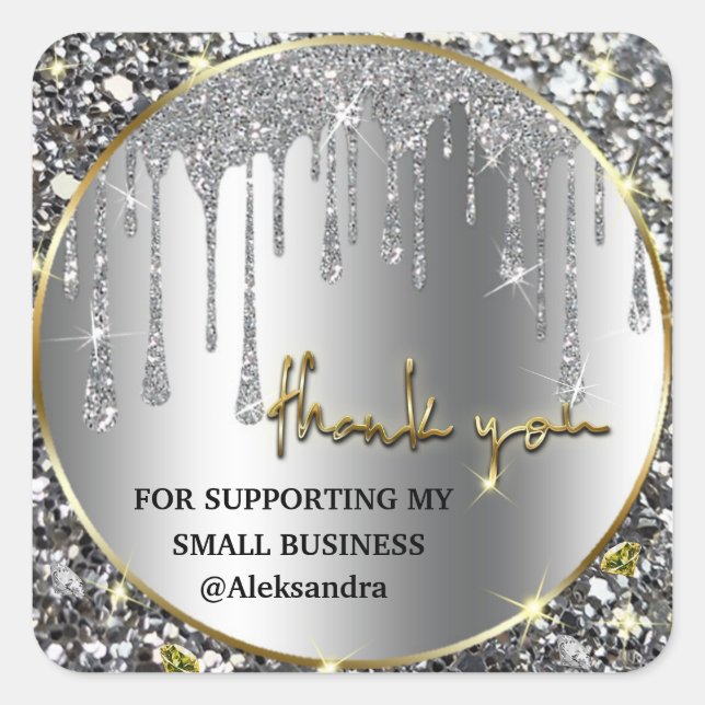 Sparkle drip merci argent carré sticker or (Devant)