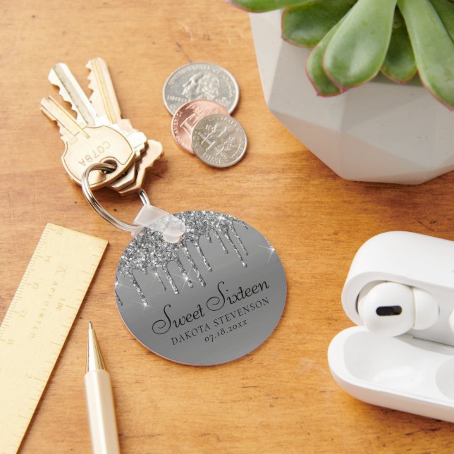 Sparkle Drip Sweet 16 | Silver Platinum Icing Keychain (Desk)