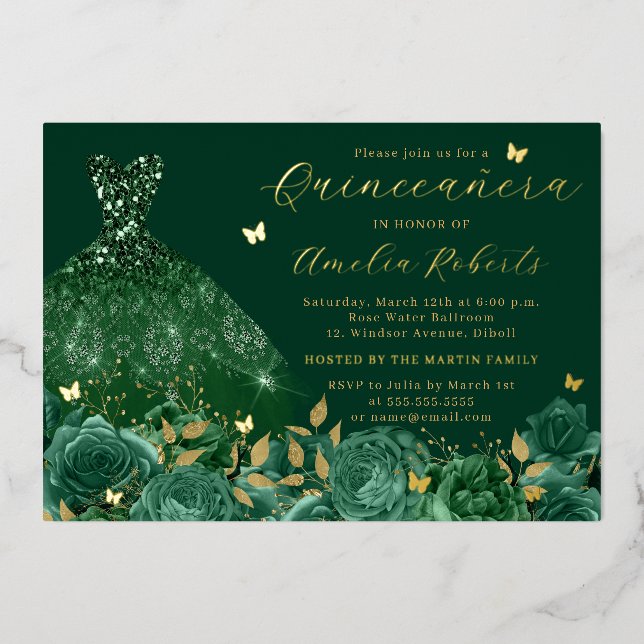 Sparkle Emerald Dress Gold Floral Butterfly  (Front)