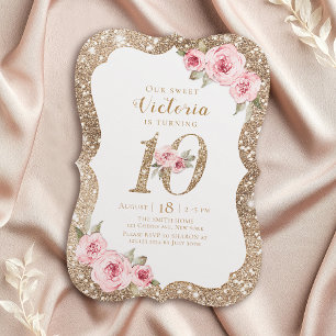 Sparkle faux gold glitter and floral 10th birthday invitation