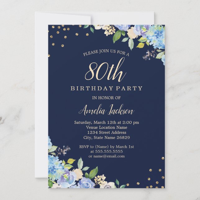 Sparkle Floral Blue 80th Birthday Party Invitation (Front)