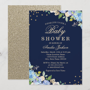 Sparkle Floral Blue Gold Boy Baby Shower Invitation