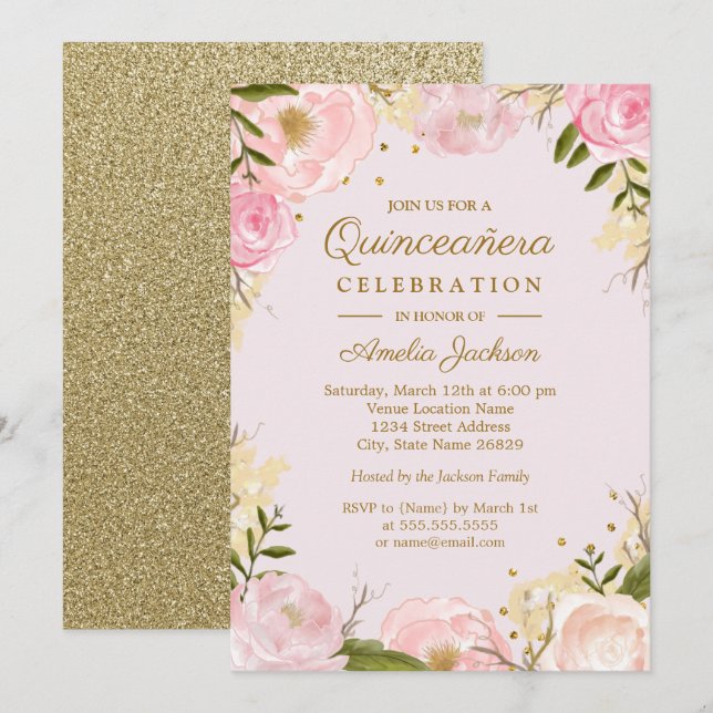 Sparkle Floral Gold Pink Quinceanera Invitation (Front/Back)