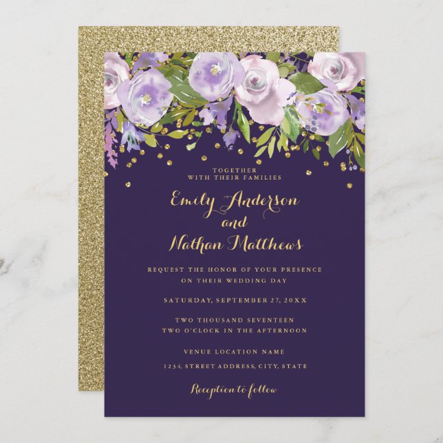 Sparkle Floral Gold Purple Wedding Invitation (Front/Back)