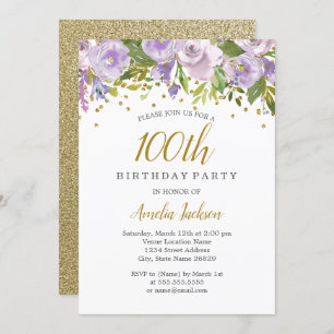 Sparkle Floral Purple 100th Birthday Invite