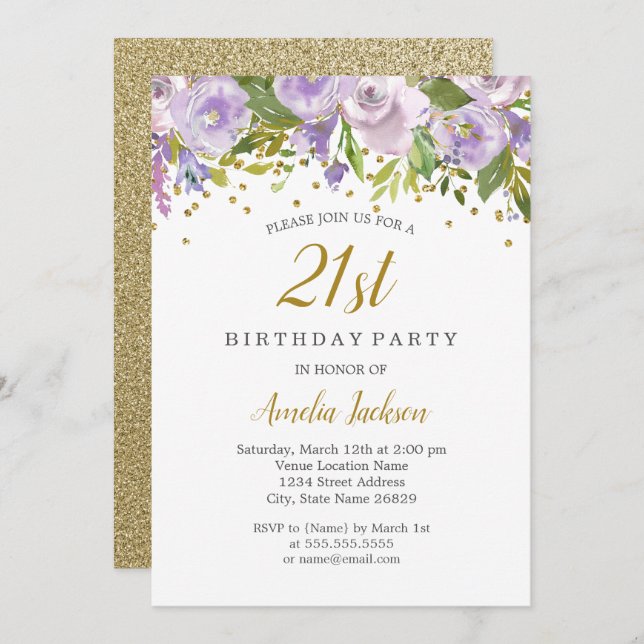 Sparkle Floral Purple 21st Birthday Invite (Front/Back)