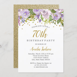 Sparkle Floral Purple 70th Birthday Invite