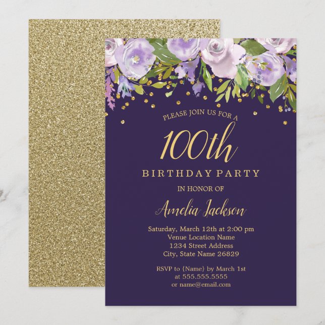 Sparkle Floral Purple Gold 100th Birthday Invite (Front/Back)