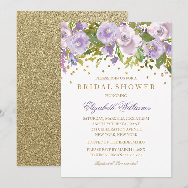 Sparkle Floral Purple Gold Bridal Shower Invite (Front/Back)