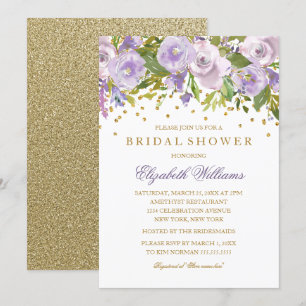 Sparkle Floral Purple Gold Bridal Shower Invite
