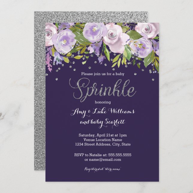 Sparkle Floral Purple Silver Sprinkle Baby Shower Invitation (Front/Back)