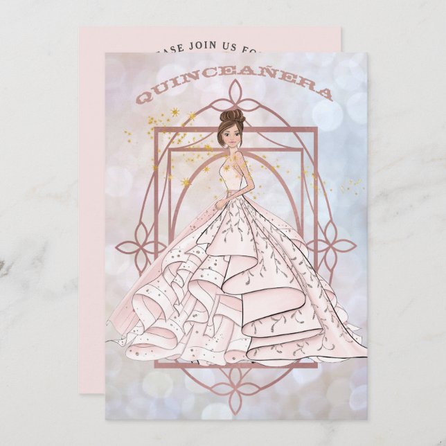 Sparkle Formal Pink and Gold Updo Invitation (Front/Back)