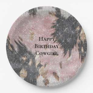 Sparkle Girly Pink Black Gold Cowgirl Cowhide Paper Plate