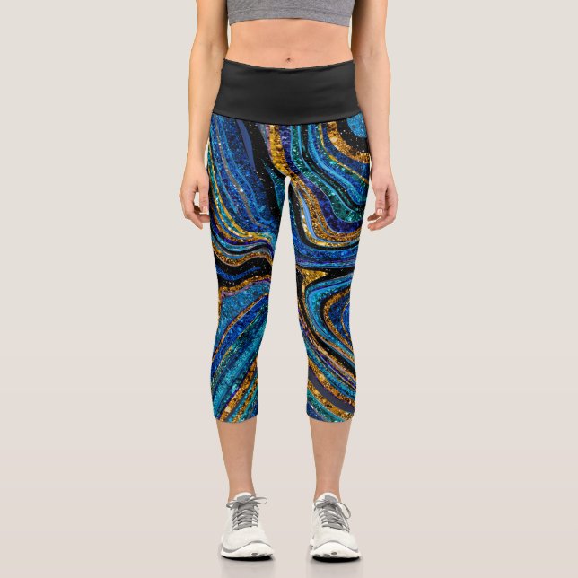 Sparkle Glam Glitter girly marble art blue Legging (Front)
