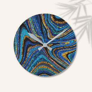 Sparkle Glam Glitter girly marble art blue Round Clock