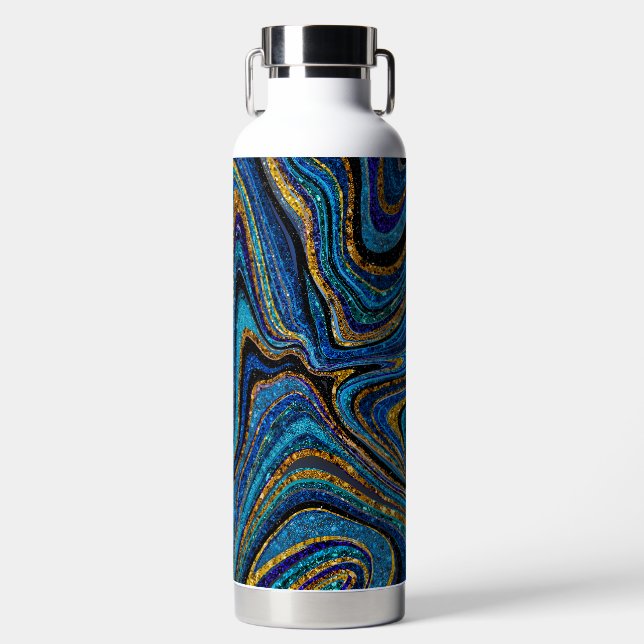 Sparkle Glam Glitter girly marble art blue Water Bottle (Front)