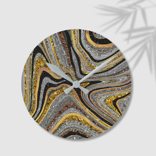 Sparkle Glam Glitter girly marble art grey gold Round Clock