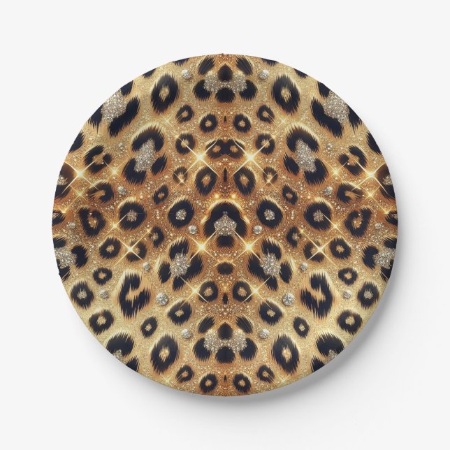 Sparkle Glam Gold Black Leopard Cheetah Print  Paper Plate (Front)