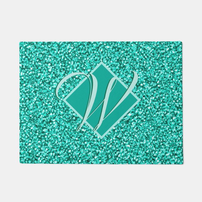 Sparkle Glam Turquoises Blue Glitter Monogrammed Doormat (Front)
