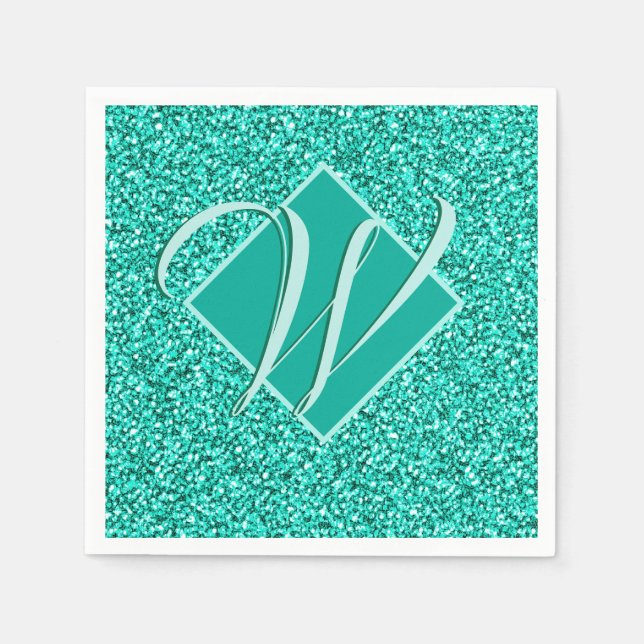 Sparkle Glam Turquoises Blue Glitter Monogrammed Napkin (Front)