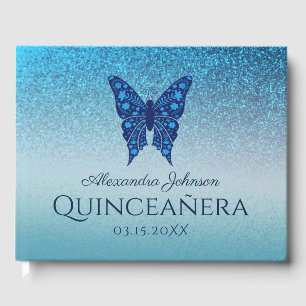 Sparkle Glitter Blue Floral Butterfly Quinceanera Guest Book