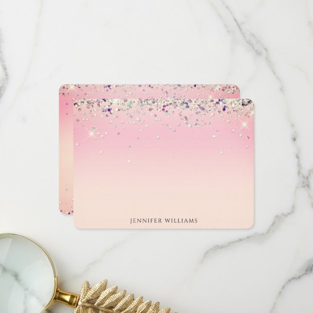 Sparkle Glitter Border Pink Custom Name Note Card (Front/Back In Situ)