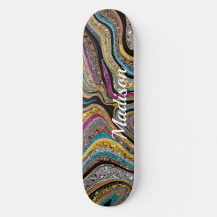 Sparkle Glitter girly marble art grey skateboard 