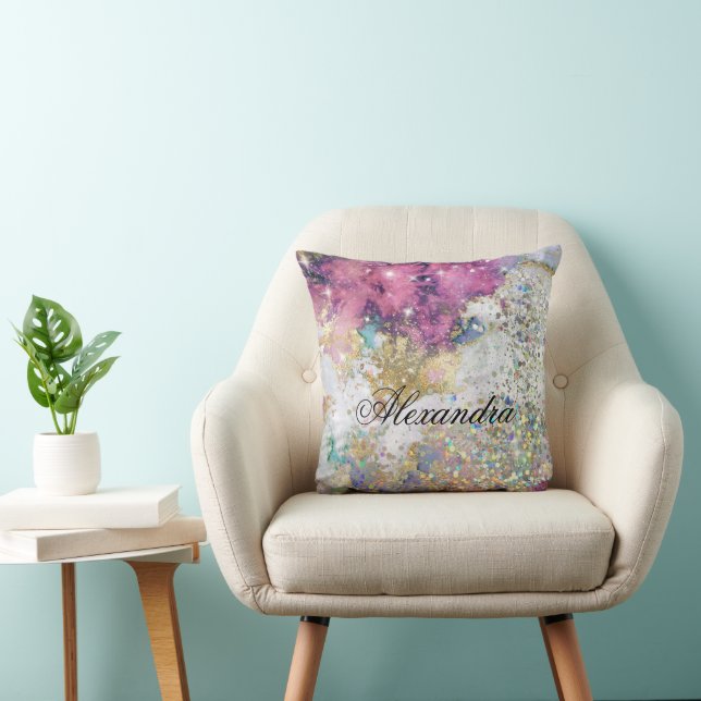 Sparkle Glitter Gold Purple Galaxy Marble Custom Throw Pillow (Chair)