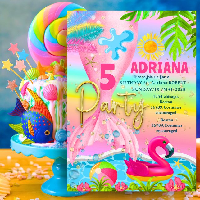 Sparkle Glitter Mermaid sea flamingo beach Rainbow Invitation (Creator Uploaded)
