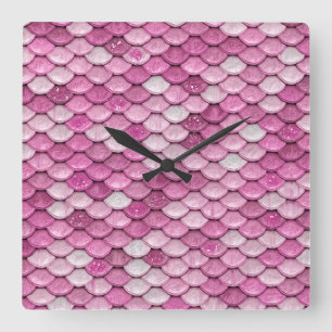Sparkle Glitter Pink Purple Mermaid Scales Square Wall Clock