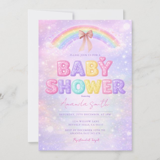 Sparkle Glitter rainbow baby shower with Bow Invitation (Front)