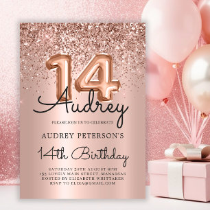 Sparkle Glitter Rose Gold Balloon 14th Birthday Invitation