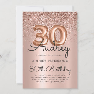 Sparkle Glitter Rose Gold Balloon 30th Birthday Invitation