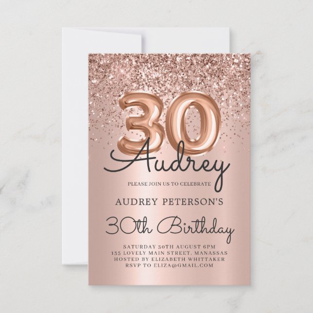 Sparkle Glitter Rose Gold Balloon 30th Birthday  Invitation (Front)