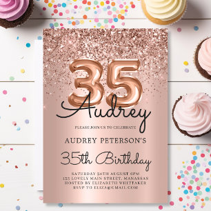Sparkle Glitter Rose Gold Balloon 35th Birthday  Invitation