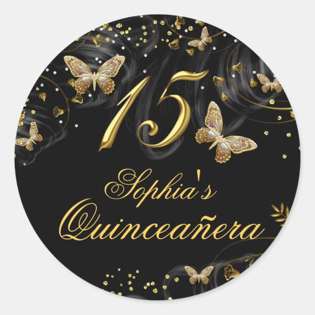 Sparkle Gold & Black Butterfly Quinceanera Sticker (Front)