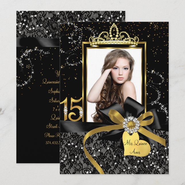 Sparkle Gold Black Lace & Bow Photo Quinceanera Invitation (Front/Back)