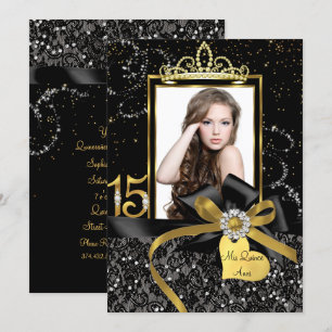 Sparkle Gold Black Lace & Bow Photo Quinceanera Invitation