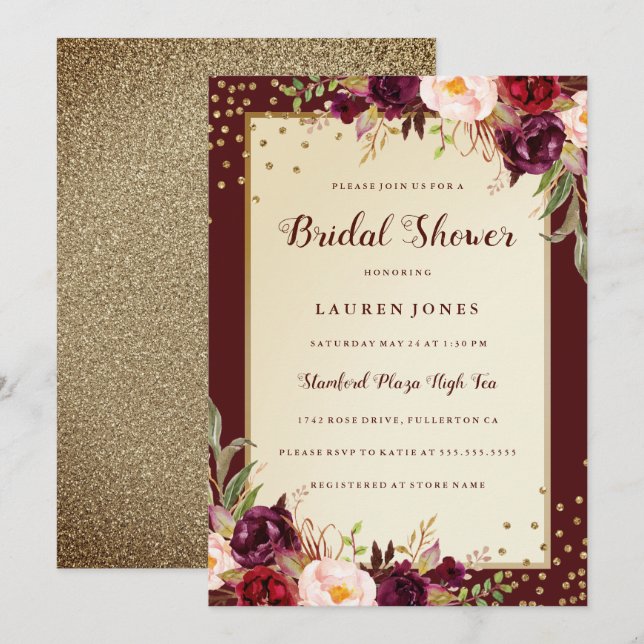 Sparkle Gold Burgundy floral Bridal Shower Invite (Front/Back)