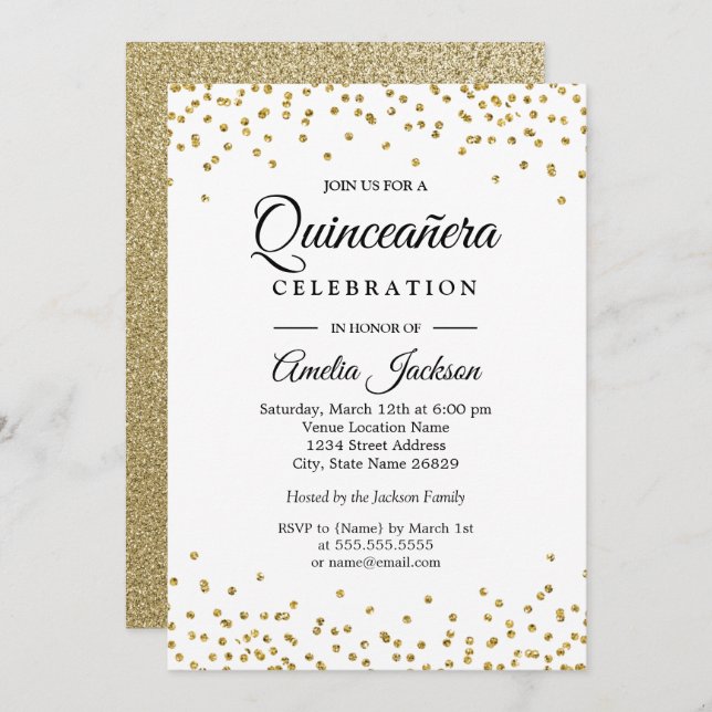 Sparkle Gold Confetti Quinceanera Invitation (Front/Back)