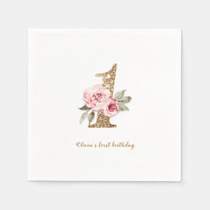Sparkle gold glitter and pink floral 1st birthday napkin