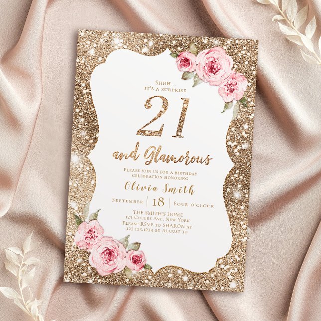 Sparkle gold glitter and pink floral 21st birthday invitation (Sparkle gold glitter and pink floral 21st birthday invitation)