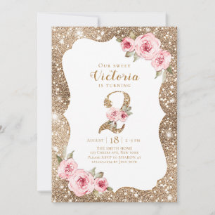 Sparkle gold glitter and pink floral 2nd birthday invitation