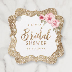 Sparkle gold glitter and pink floral bridal shower favour tags