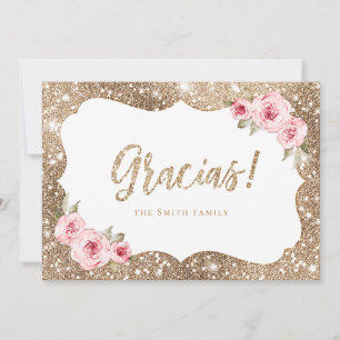 Sparkle gold glitter and pink floral glacias thank invitation